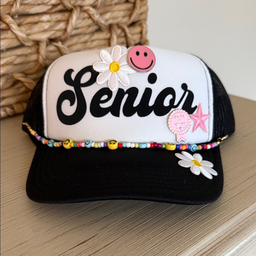 Senior Snapback Hat w/ decorated pins, patches & smiley chain